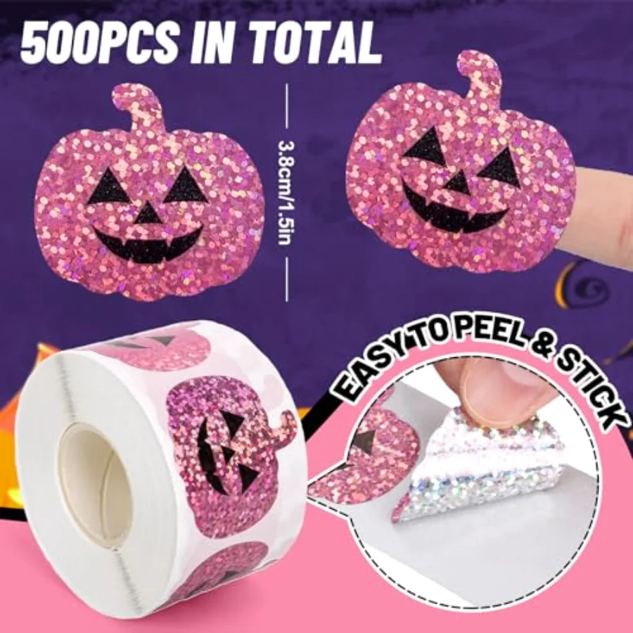 Halloween Stickers Roll Holographic Pink Pumpkin Shape Seal Stickers, view 2