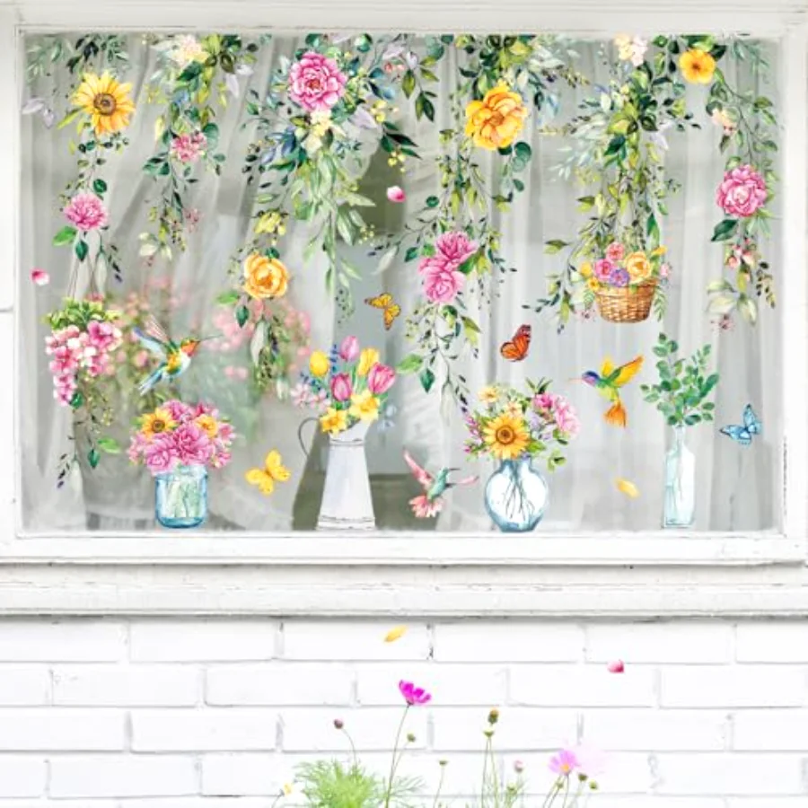 8 Sheets Spring Hanging Floral Window Cling Stickers Eucalyptus Flower, view 4