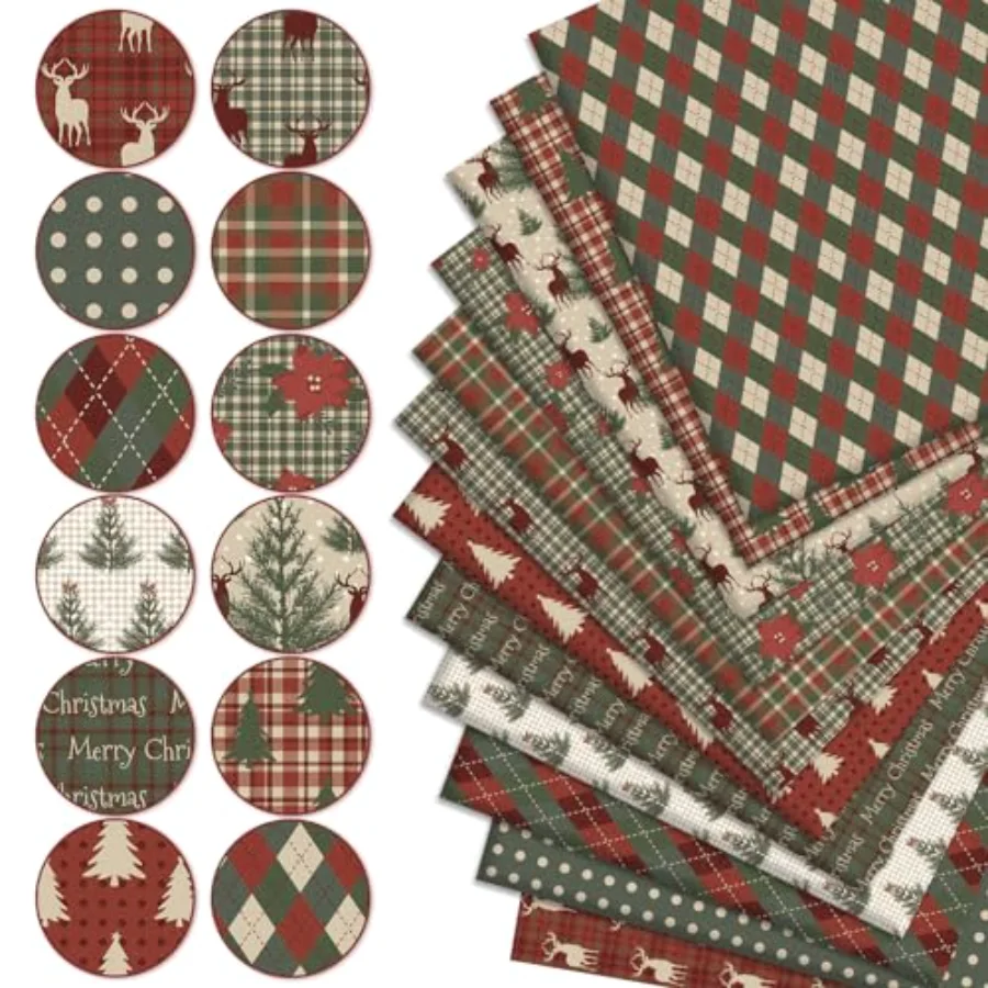 12Pcs Cotton Fabric Bundles Woodland Poinsettia Reindeer Tree Printed Fat, view 3