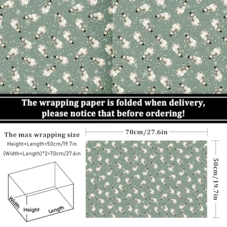 12 Sheets Christmas Wrapping Paper - Not Roll - Sage Green Snowman, view 2