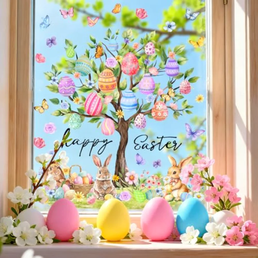 6 Sheet Easter Window Clings Window Decal Large Bunny Rabbit Egg Tree, view 3