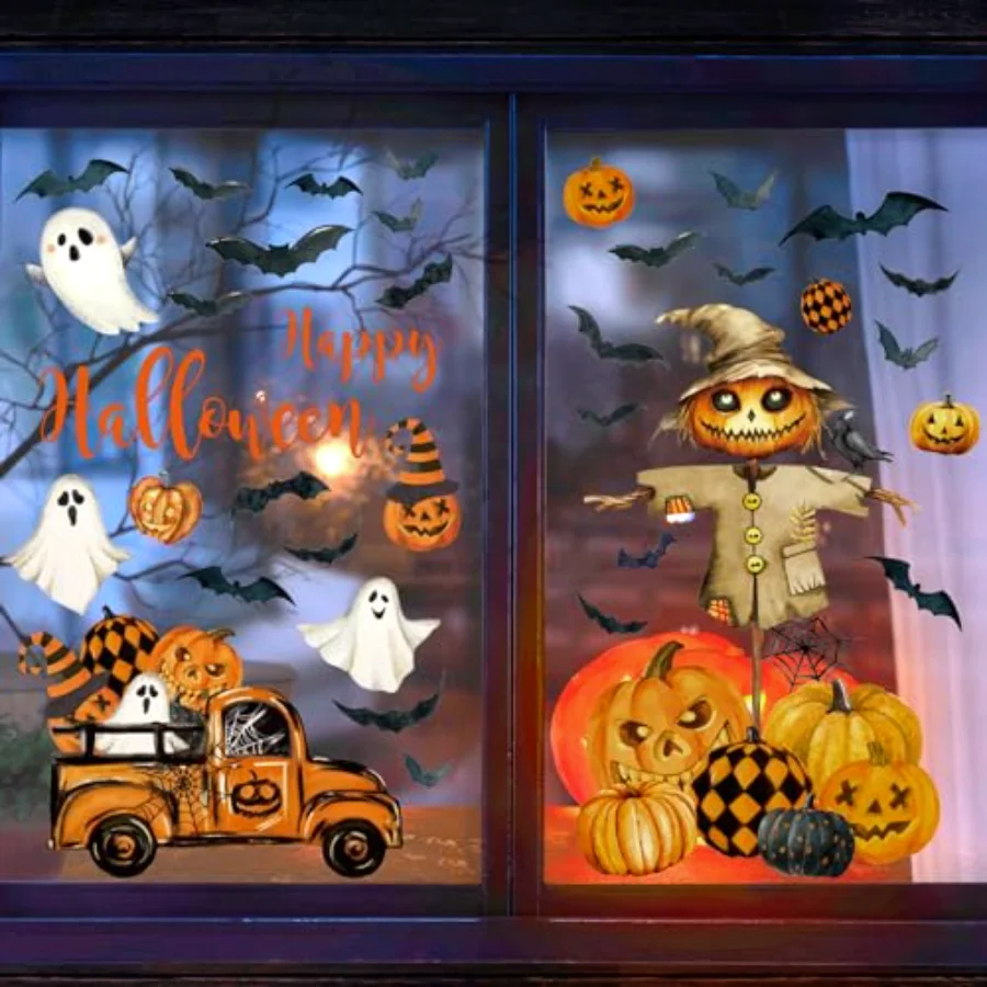 6 Sheet Halloween Window Clings Black Orange Evil Scarecrow Pumpkin Truck, view 3