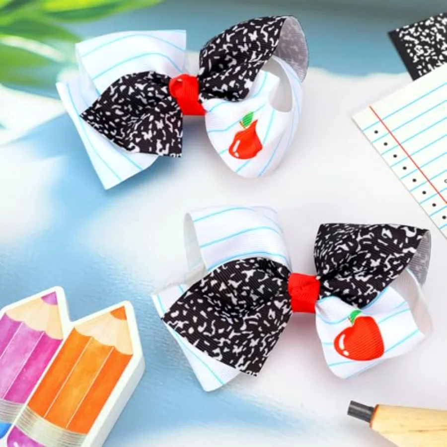 2Pcs Back to School Hair Bow Clips Blue Lined Composition Notebook Apples, view 4