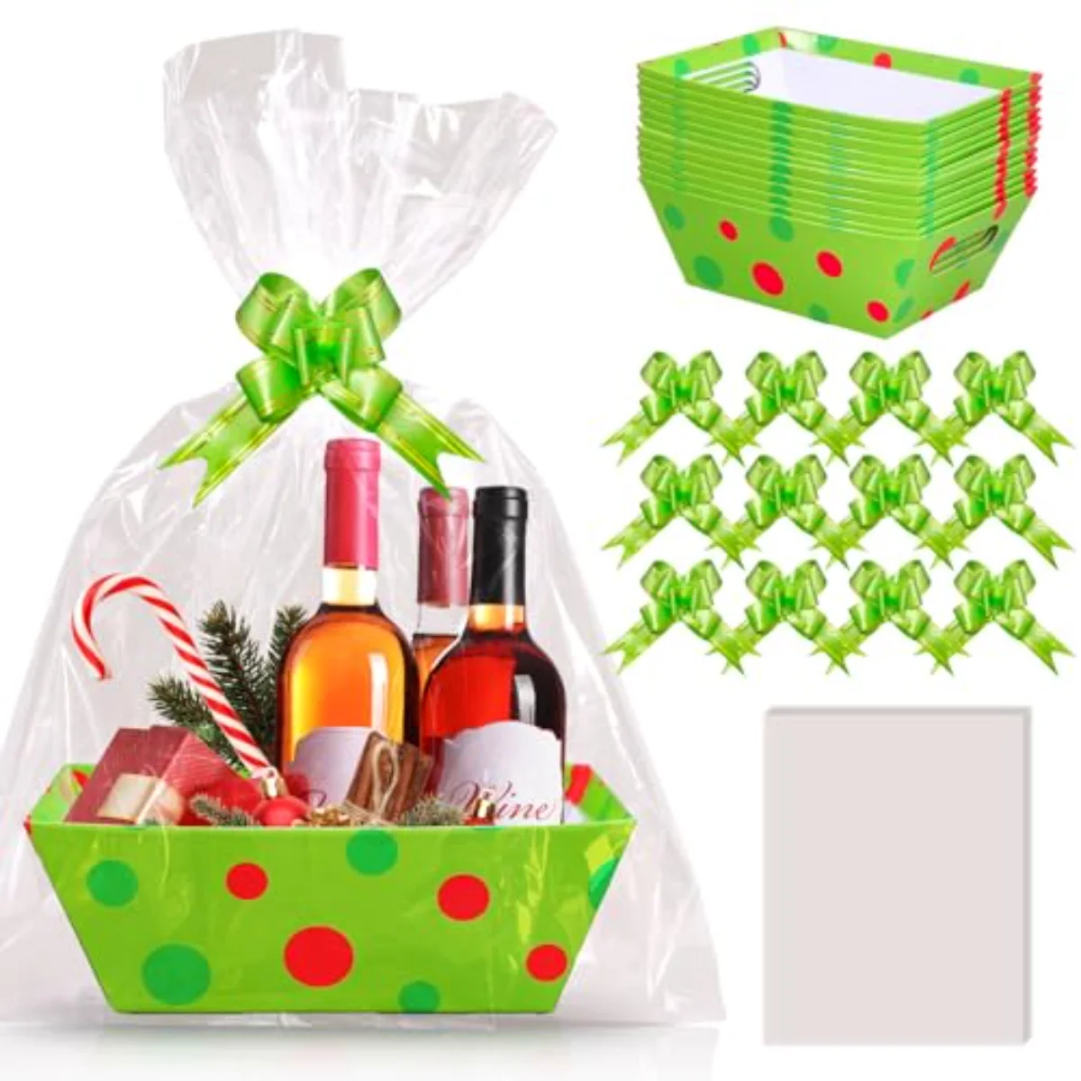 12 Pack Christmas Empty Gift Basket Kit Bulk Red Green Polka Dot Cardboard
