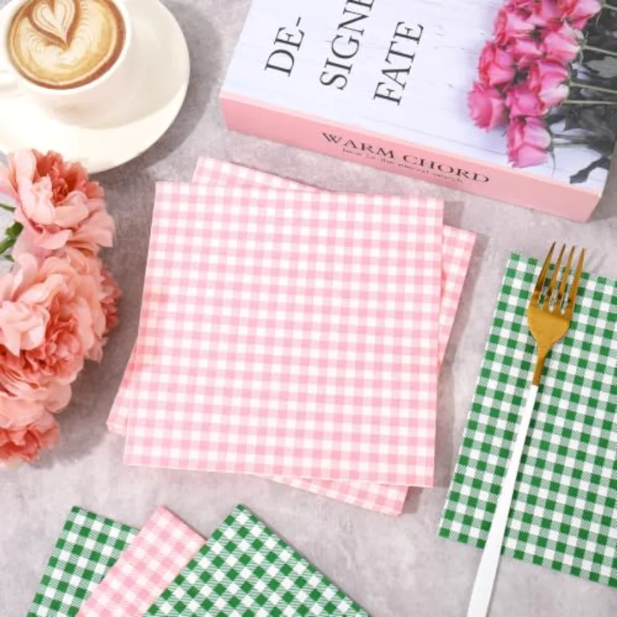 100 Pcs Pink Green Plaid Luncheon Napkins Gingham Checkered Disposable, view 4