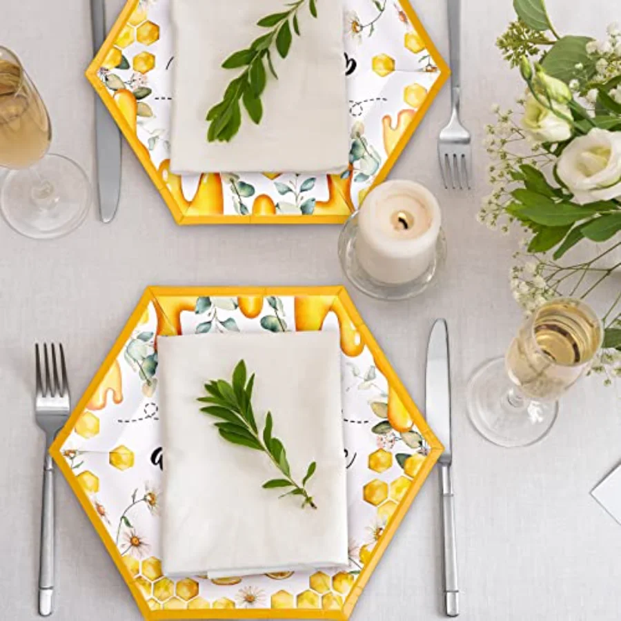 50Pcs World Bee Day Paper Plates Watercolor Honey Hexagonal Disposable, view 4