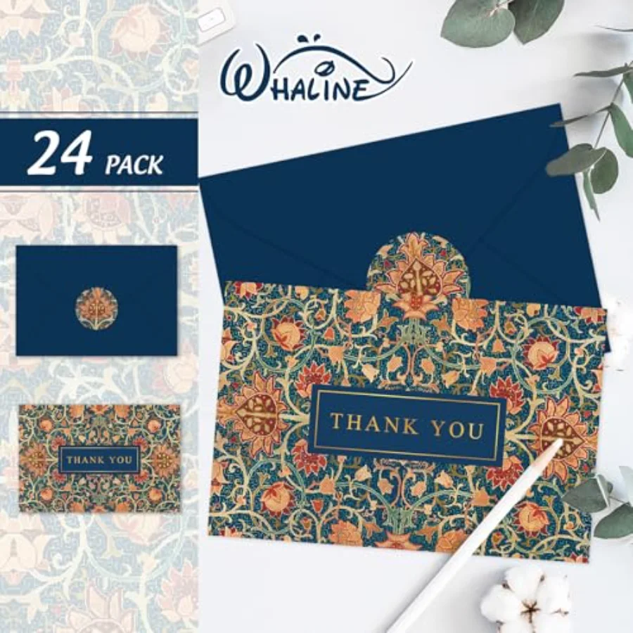 24 Pcs Flower Thank You Cards Greeting Cards Vintage Blue Floral Gold Foil, view 3
