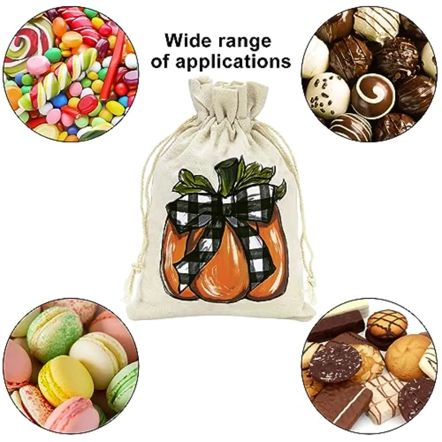 24 Pack Fall Burlap Bags Pumpkin Drawstring Bags Watercolor Plaid Pumpkin, view 4