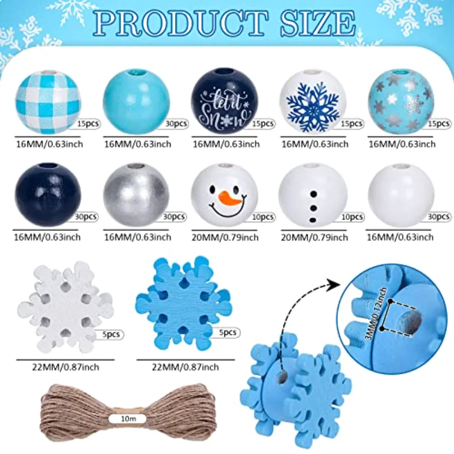 210Pcs Blue Wooden Beads Winter Snowman Wood Beads with Hemp Rope, view 2