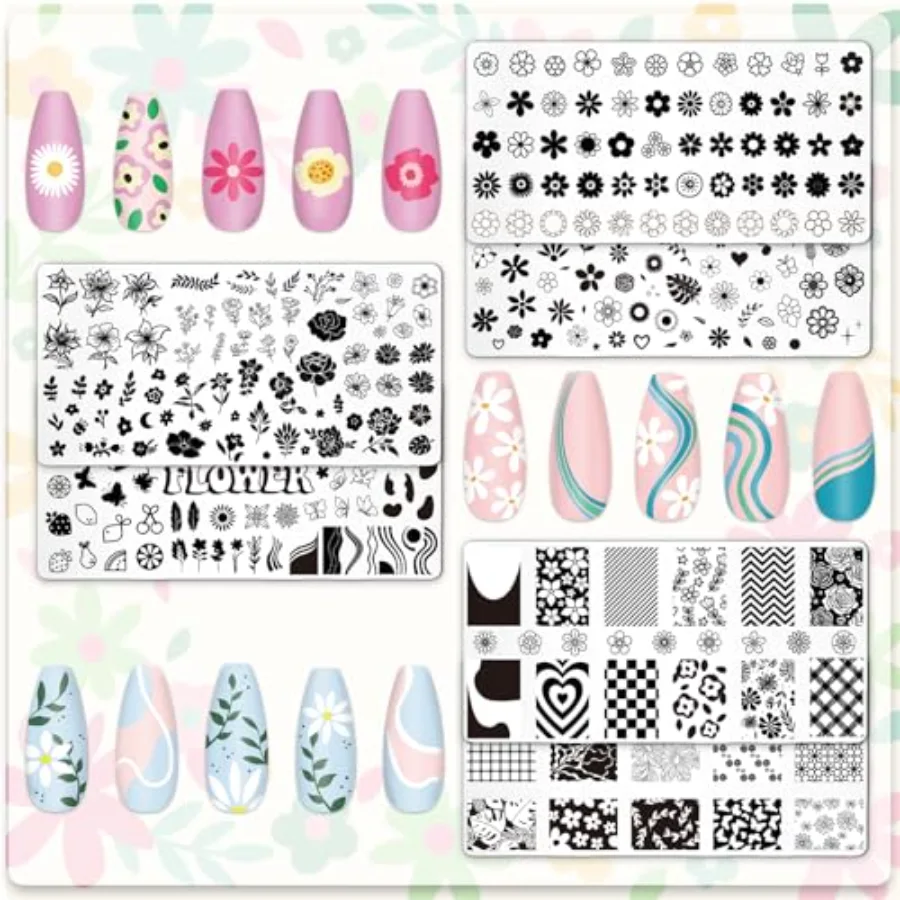 6 Pcs Simple Floral Nail Plates Stamping Set Flower Leaves Stamp Templates, view 3