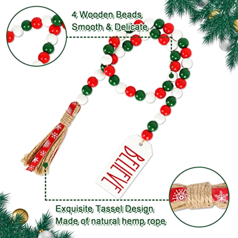 2Pcs Christmas Wooden Bead Garlands Red Green White Wood Beads with Merry, view 3