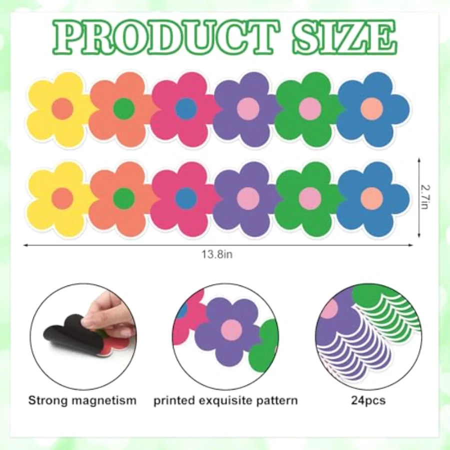 24 Pcs Preppy Hippie Flower Magnetic Bulletin Board Border Back to School, view 2