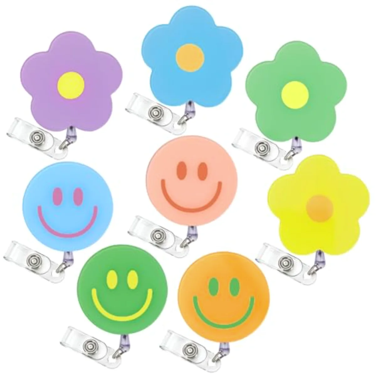 8Pcs Flower Smile Face Badge Reel with Clips Retractable Cord Pastel