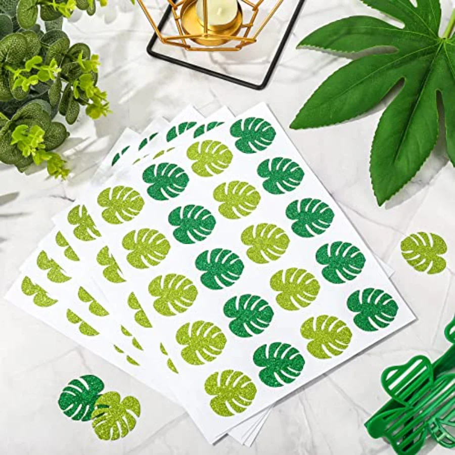 500Pcs Summer Monstera Leaves Stickers Glitter Green Palm Leaf Decals, view 3