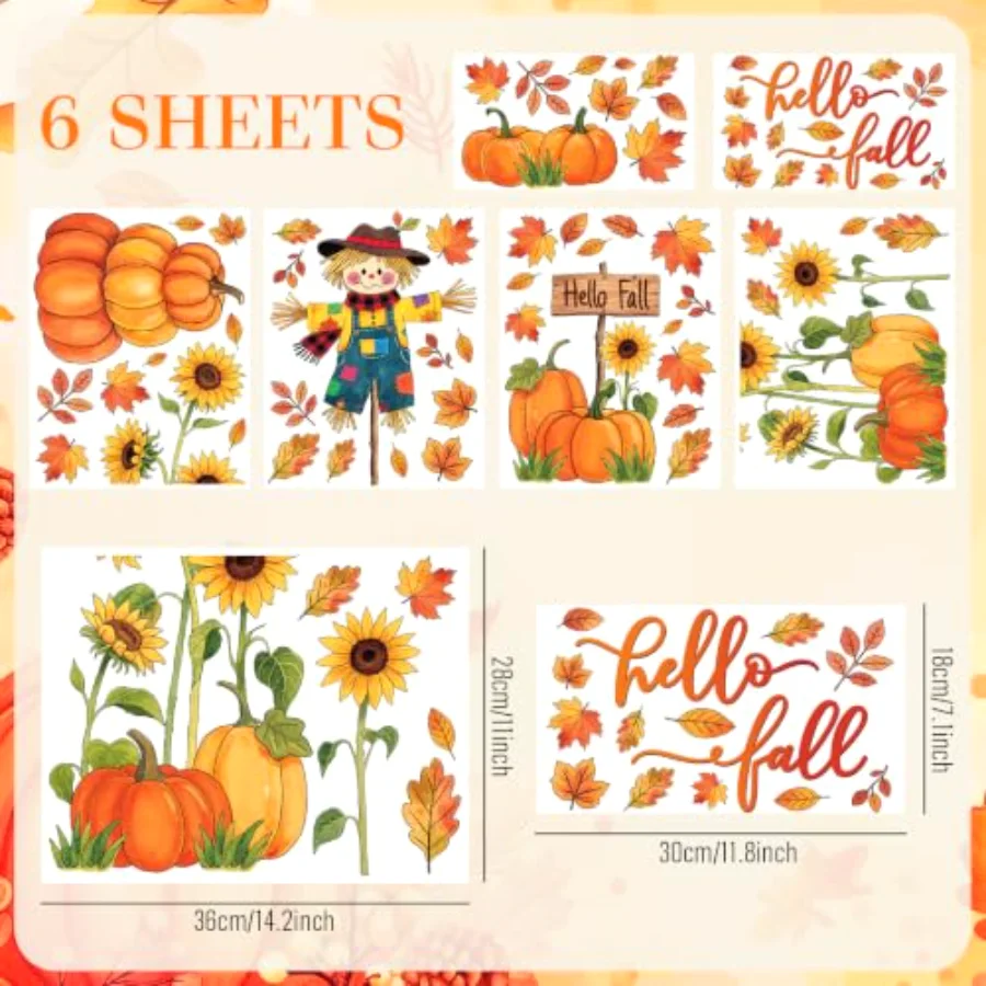 Hello Fall Window Stickers Pumpkin Pile Scarecrow Maple Leaves Wall Decals, view 2