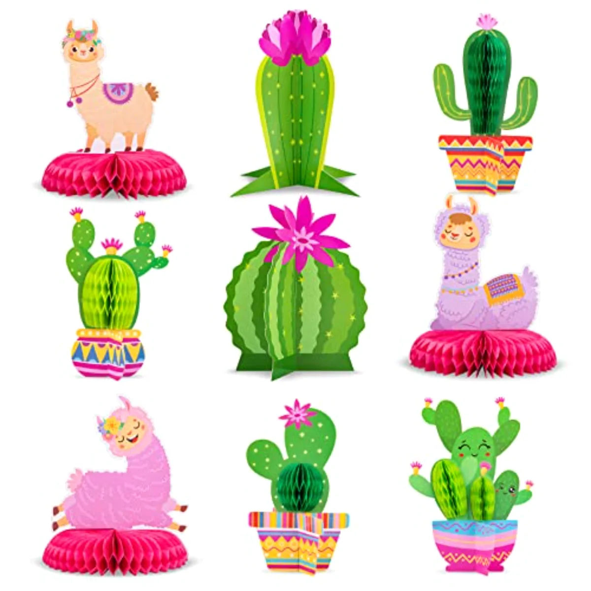 9Pcs Summer Llama Cactus Honeycomb Centerpiece Kit 3D Cactus Alpaca Paper