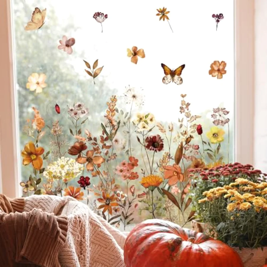 6 Sheets Fall Vintage Wildflower Window Clings Brown Wild Floral Reusable, view 4
