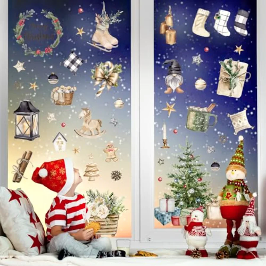 Christmas Window Clings Brown Vintage Xmas Tree Truck Window Stickers, view 4