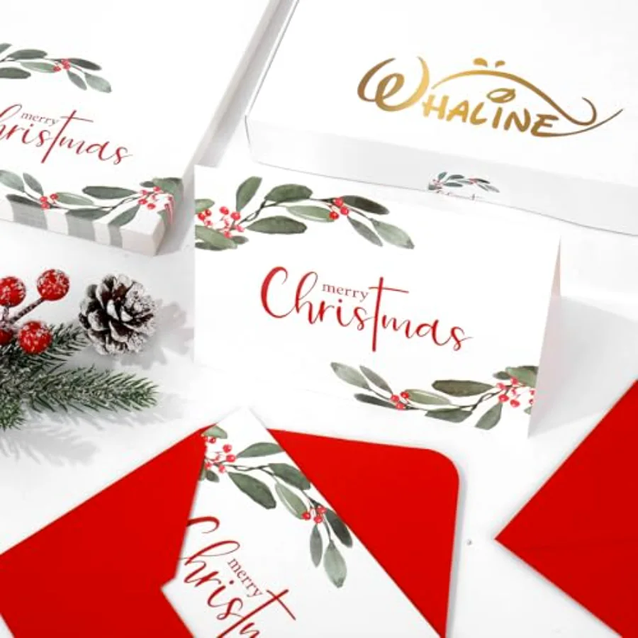 50 Pack Merry Christmas Greeting Cards Bulk Red Berry with Leaves Blank, view 4