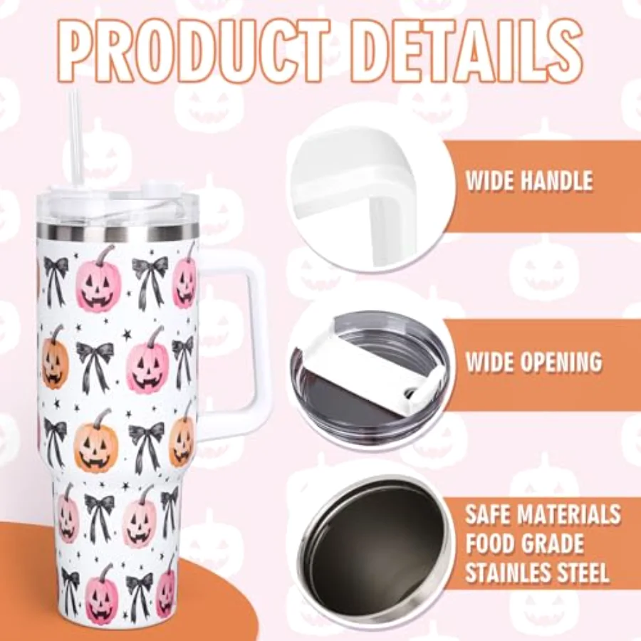 40oz Halloween Tumbler with Handle Straw and Lid Bow Pumpkin Face Travel, view 3
