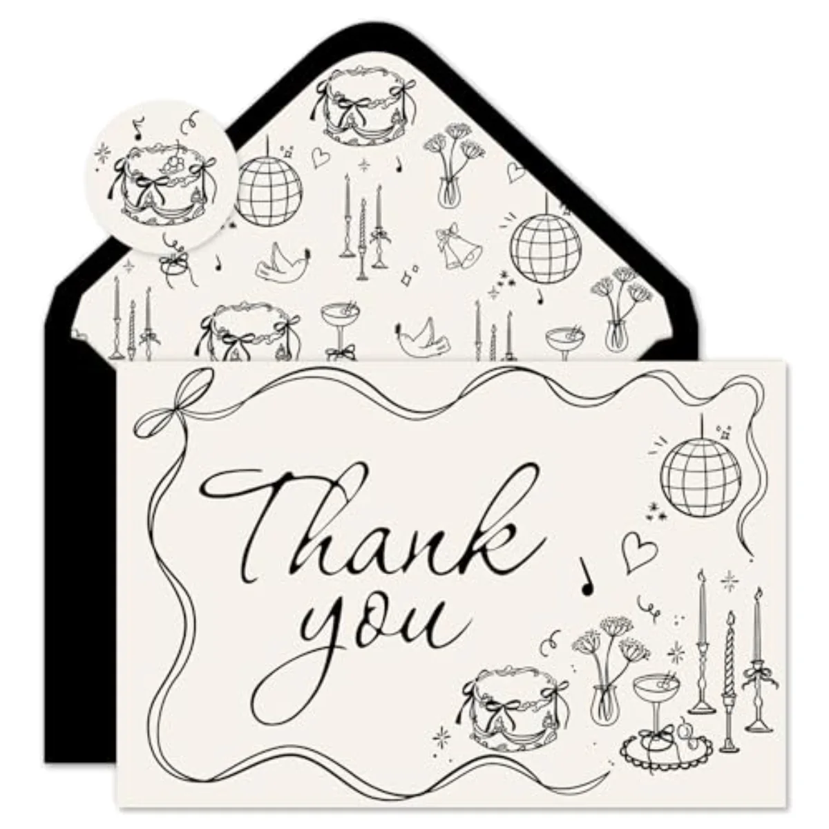 50 Pack Wedding Thank You Cards Vintage Black Bow Cake Thank You Blank