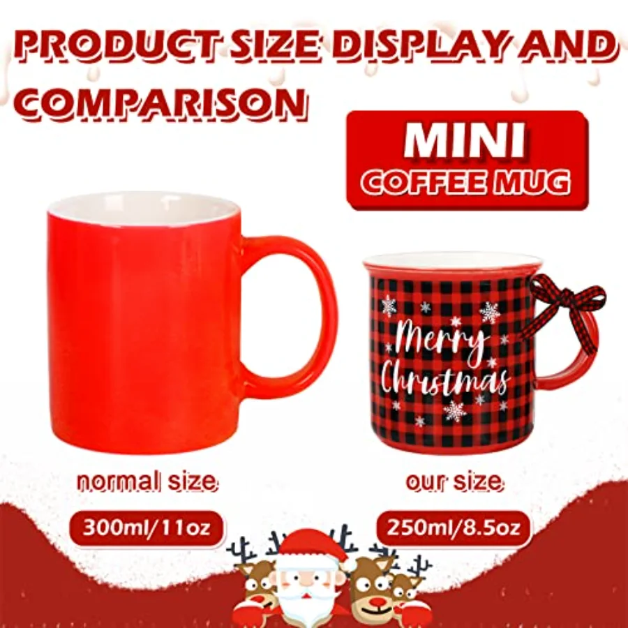 6Pcs Christmas Mini Coffee Mug with Ribbon Red Black Plaid Truck Reindeer, view 2