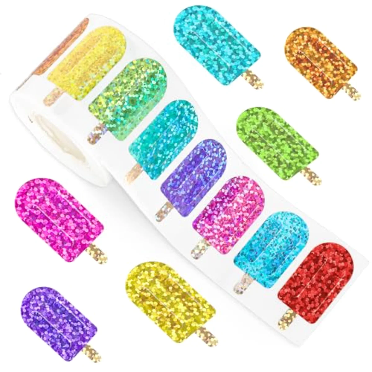 500Pcs Ice Pop Stickers Roll Holographic Summer Popsicle Waterproof Decals