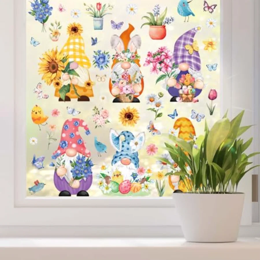 9 Sheets Spring Easter Gnome Flower Window Clings Watercolor Floral, view 4