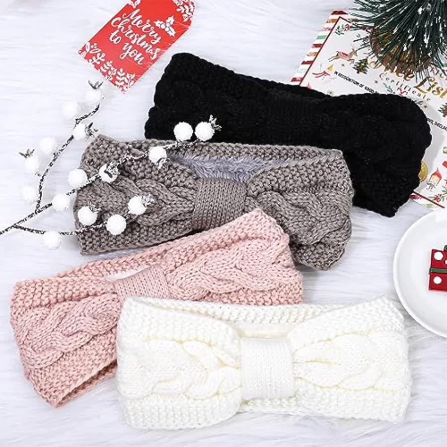 4 Pack Twisted Knit Headbands Winter Knotted Head Wraps Fuzzy Lined, view 4