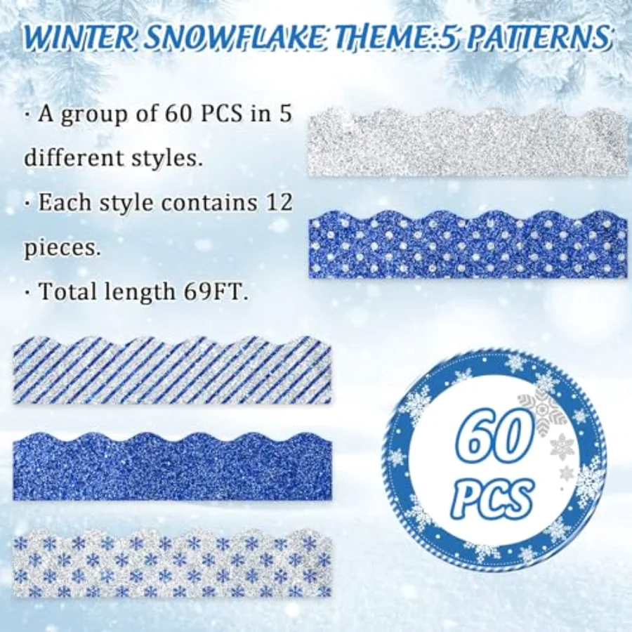 69Ft Winter Glitter Bulletin Board Borders 5 Designs Blue Silver Snowflake, view 3