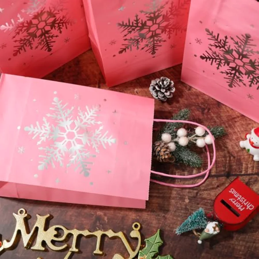 24Pcs Pink Christmas Paper Bags with 30 Sheets Tissue Paper Pink Silver, view 4