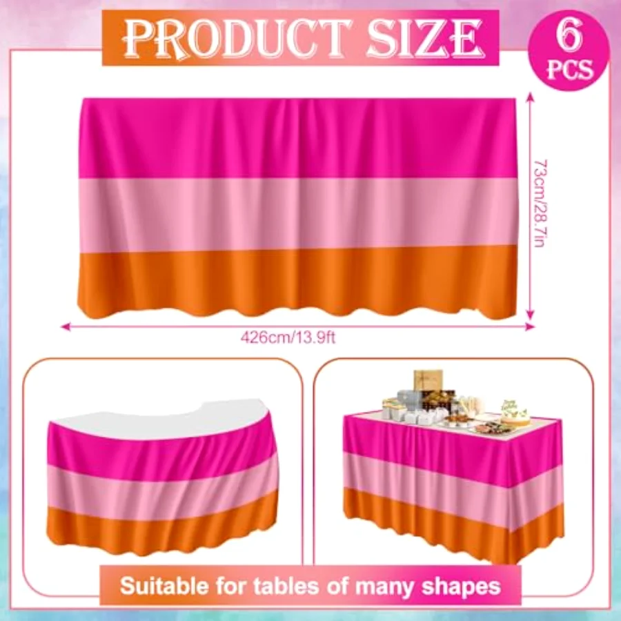 6Pcs Pink Orange Plastic Table Skirts 3-Color Striped Table Skirt, view 2