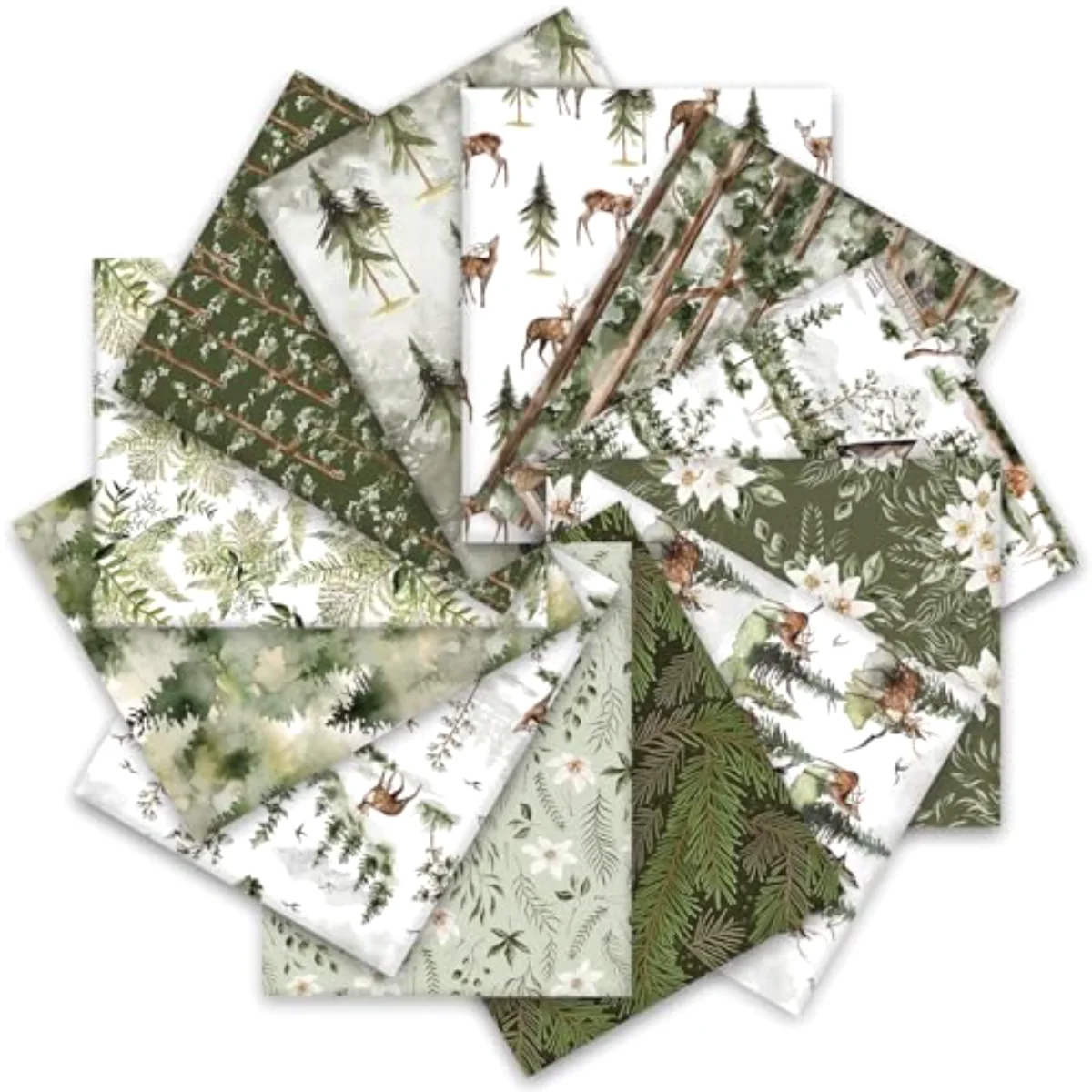 12Pcs Christmas Watercolor Forest Cotton Fabric Bundles 18 x 22 Inch Green