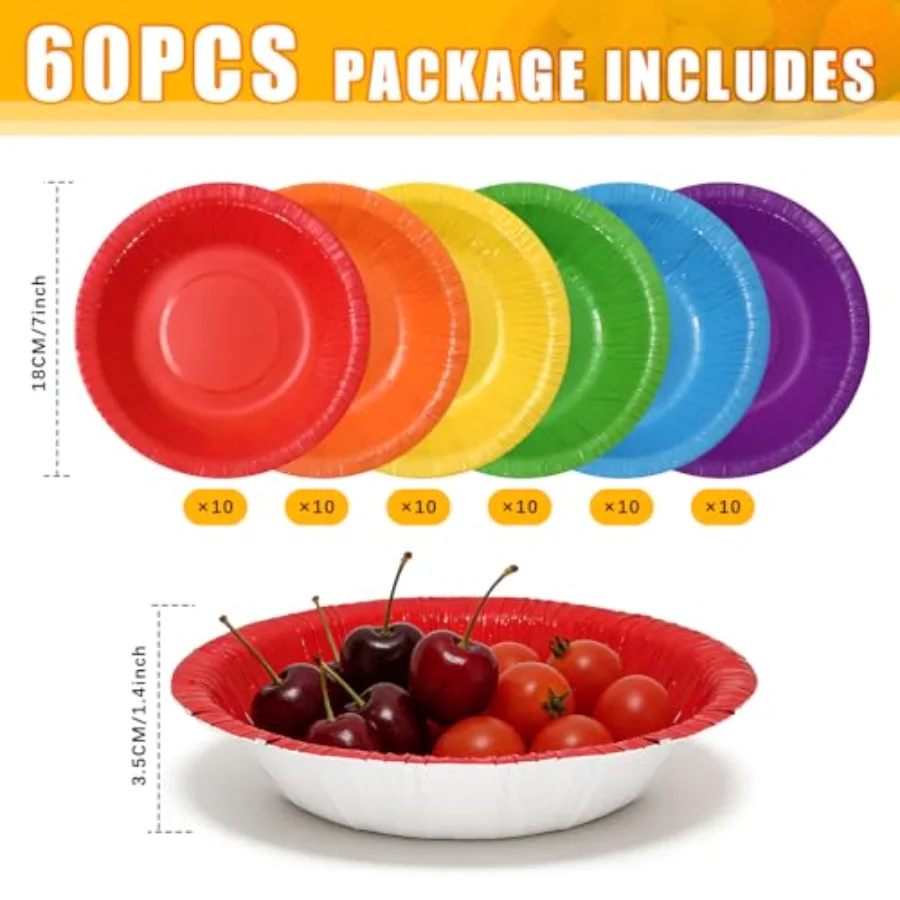 60Pcs Colorful Paper Bowls Disposable Serving Bowl 6 Colors Salad Dessert, view 2