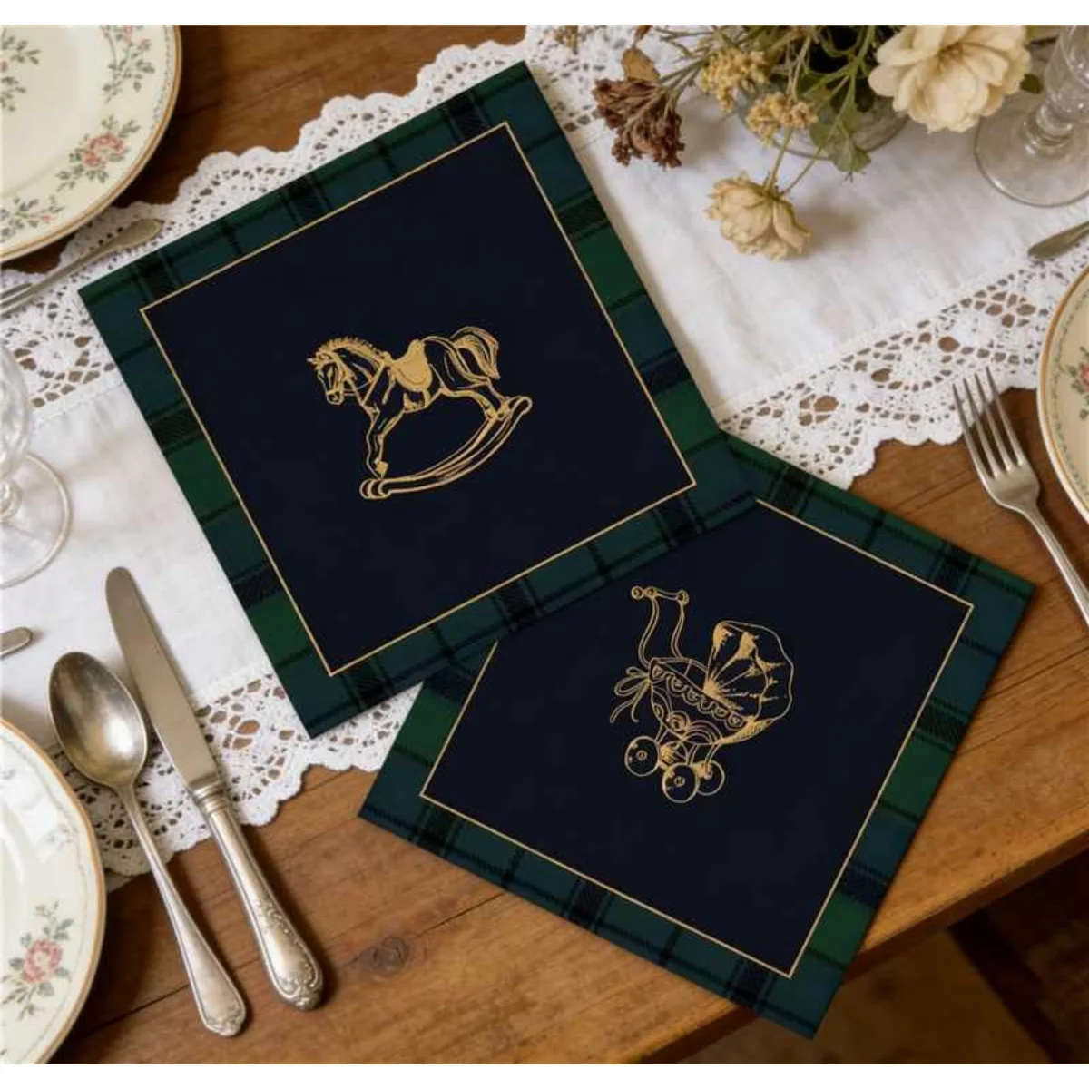 50Pcs Baby Shower Cocktail Napkins Green Blue Tartan Plaid Paper Napkins