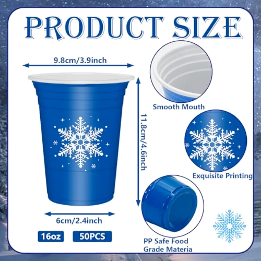 50 Pack Winter Snowflake Plastic Cups Blue Winter Wonderland Clear Plastic, view 2