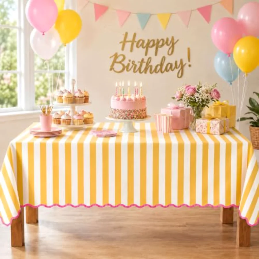Scalloped Tablecloth, Yellow White Stripe & Pink Edge, view 4