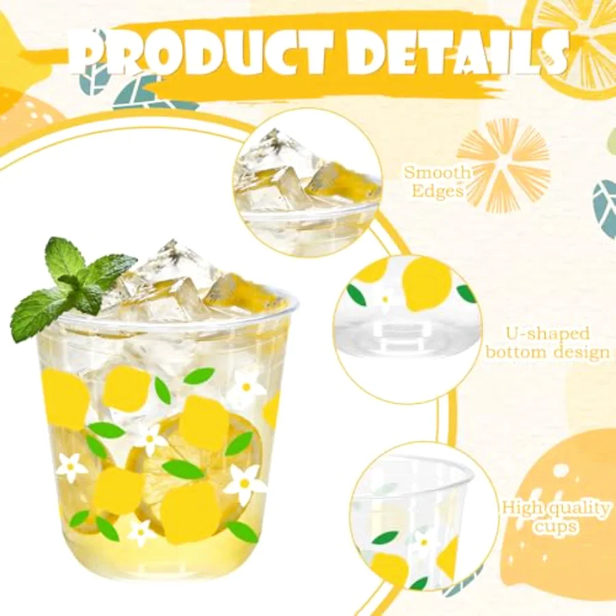50Pcs Summer Plastic Cups 12 Oz Lemon Disposable Clear Stemless Wine, view 3