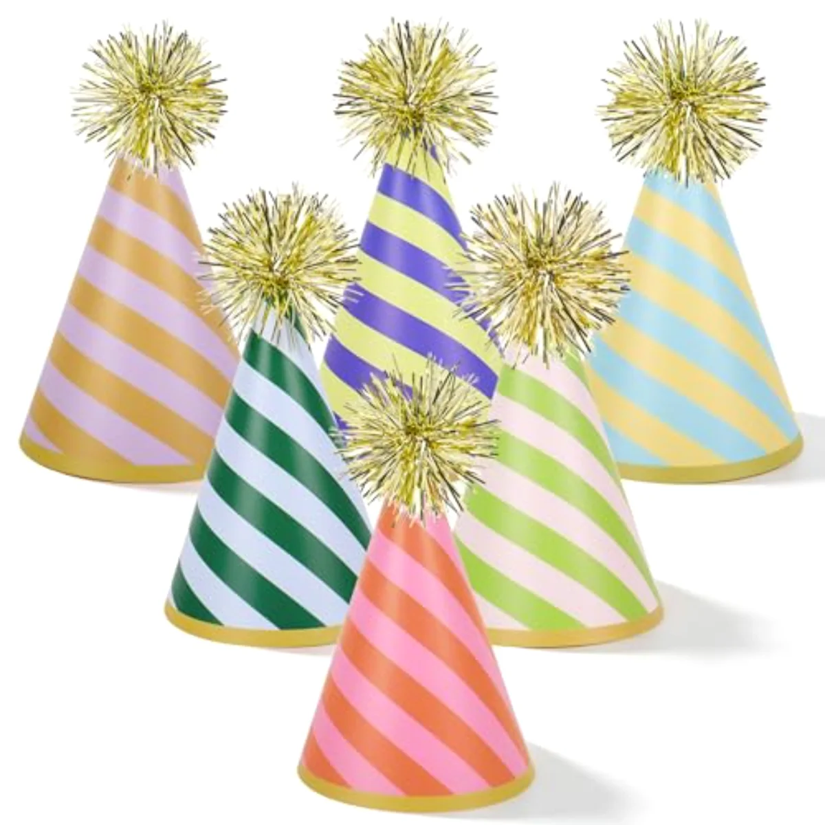 24 Pcs Stripe Birthday Party Hats with Gold Pom Poms Paper Cone Hat