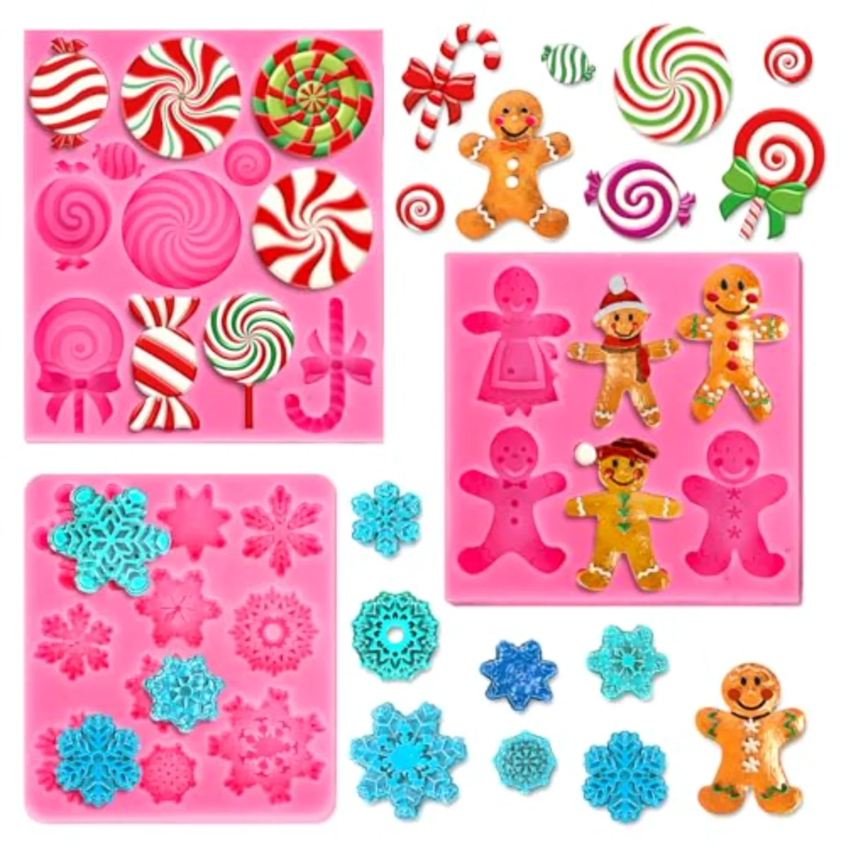 3Pcs Christmas Candy Fondant Mold Pink Gingerbread Man Snowflake Silicone