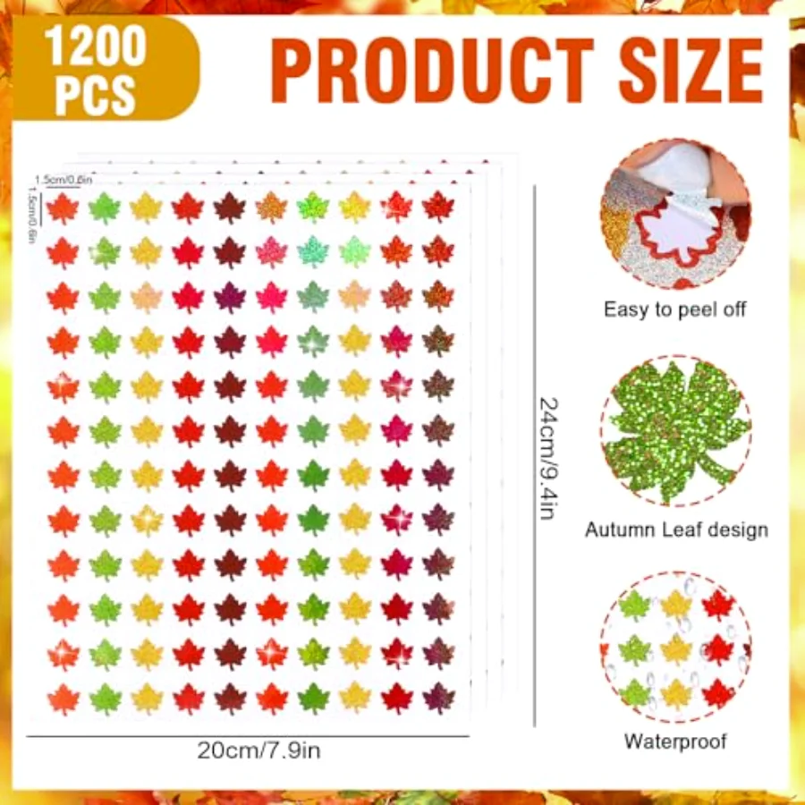 1200Pcs Fall Mini Maple Leaves Stickers Autumn Glitter Sparkly Stickers, view 2