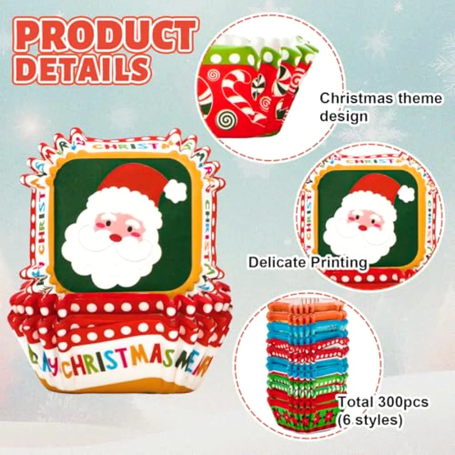300Pcs Christmas Cupcake Liners Xmas Mini Square Muffin Cupcake Wrappers, view 3