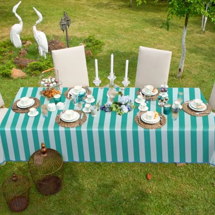 Striped Tablecloth, Blue Green Scalloped, view 4