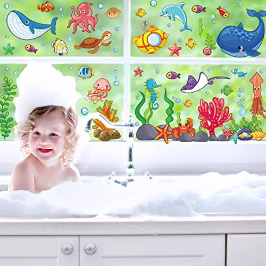 9 Sheets Summer Ocean Themed Window Clings Stickers Cartoon Sea Life Under, view 2