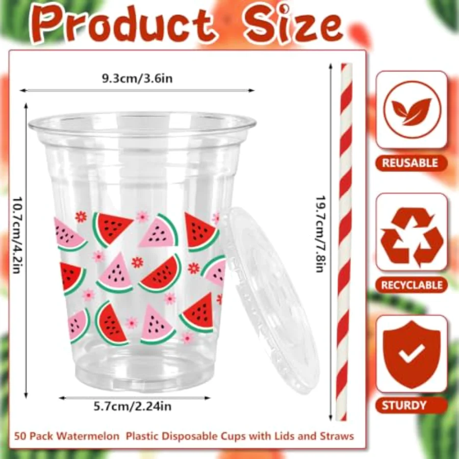 50 Pcs Watermelon Plastic Cups with Lids and Straws Red Pink Watermelon, view 2