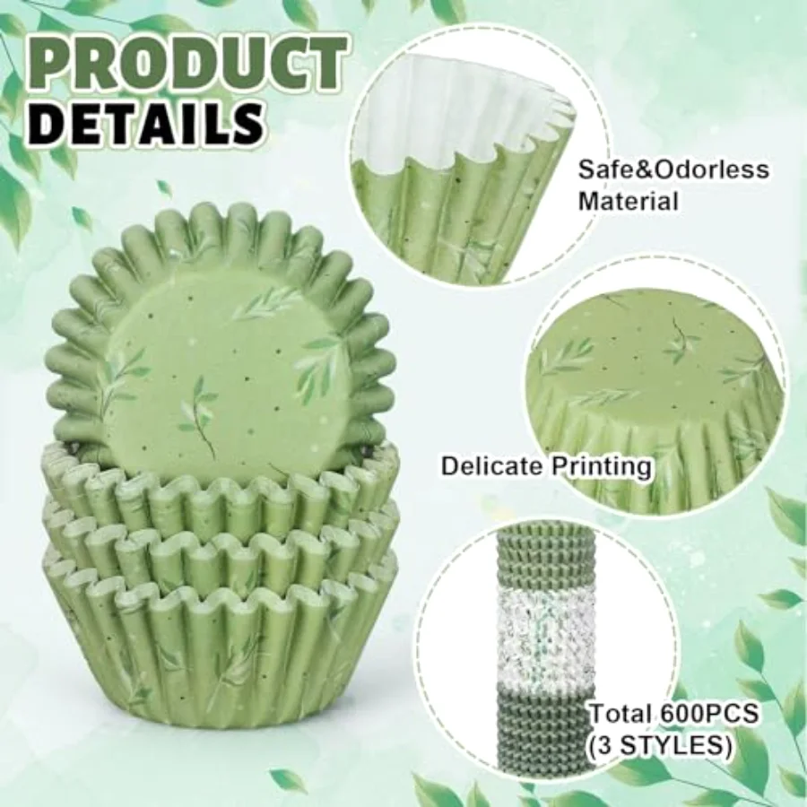 600Pcs Greenery Mini Cupcake Liners Eucalyptus Olive Leaf Cupcake Wrappers, view 3