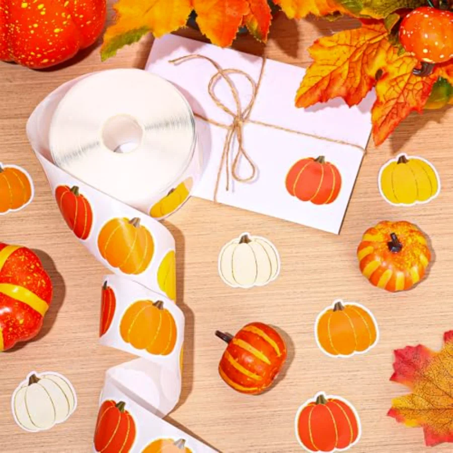 1000 Pcs Fall Thanksgiving Pumpkin Stickers Roll Orange Yellow Colored, view 3