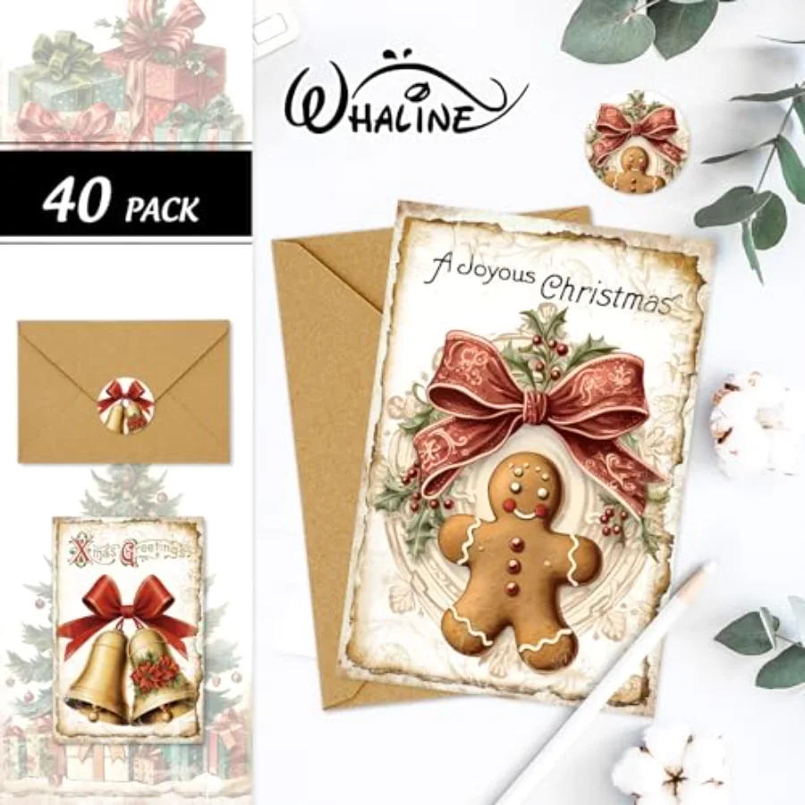 40 Packs Christmas Vintage Greeting Cards Retro Xmas Tree Santa Snowman, view 3
