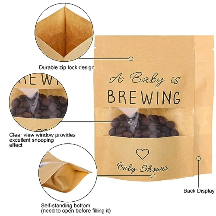 50 Pack Kraft Resealable Bags Mini Coffee Baby Shower Favor Bag A Baby is, view 3