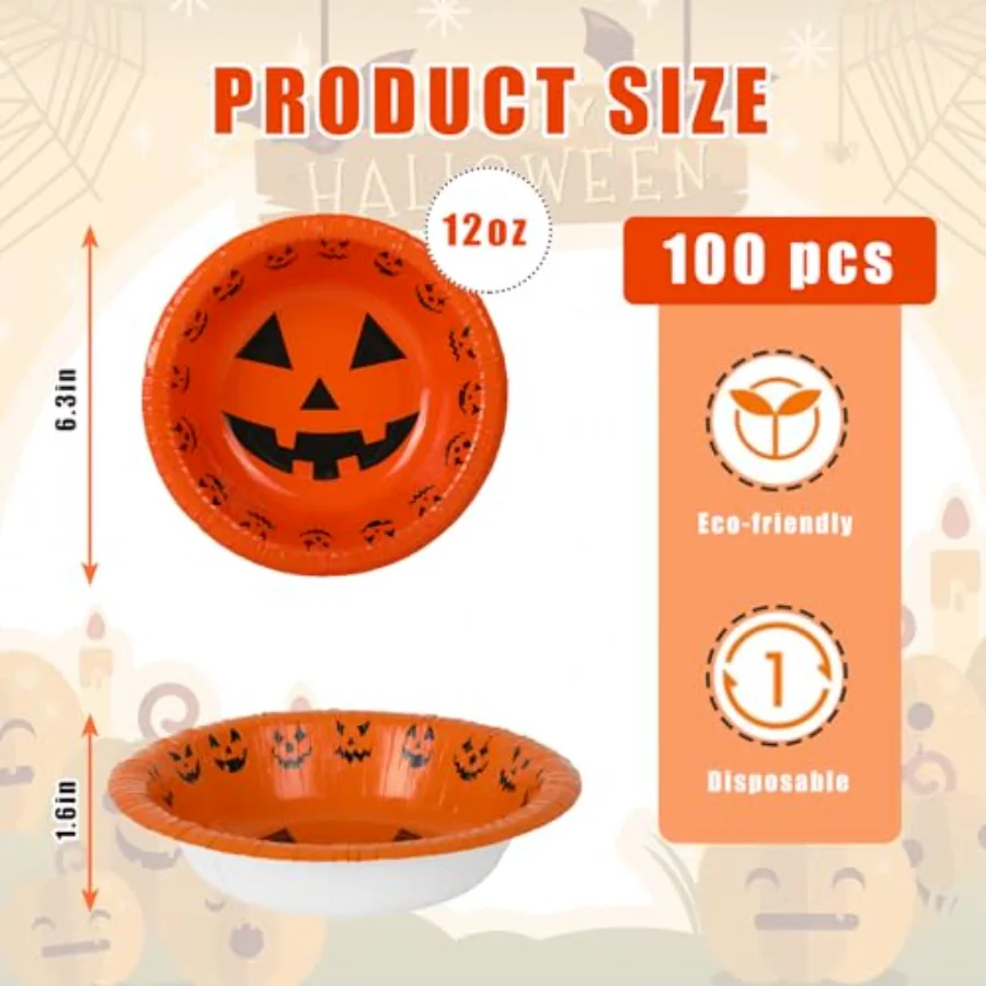 100Pcs Halloween Paper Bowls Orange Pumpkin Face Treat Snack Cups, view 2